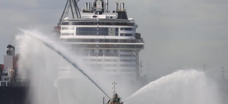 MSC Virtuosa arriving in Port of Southampton ahead of the first cruise. Credit: Andrew Sassoli Walker