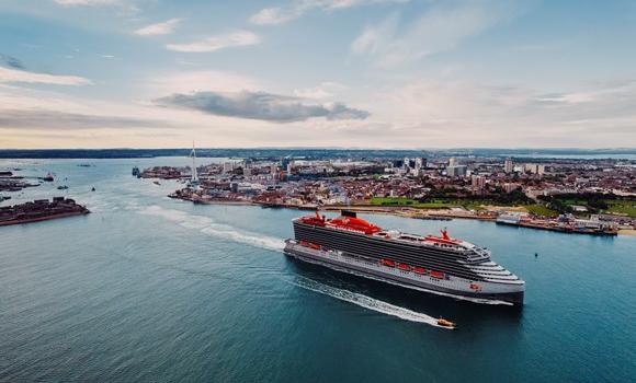 Valiant Lady's sister ship, Virgin Voyages' Scarlet Lady, leaving Portsmouth in Summer 2021. 