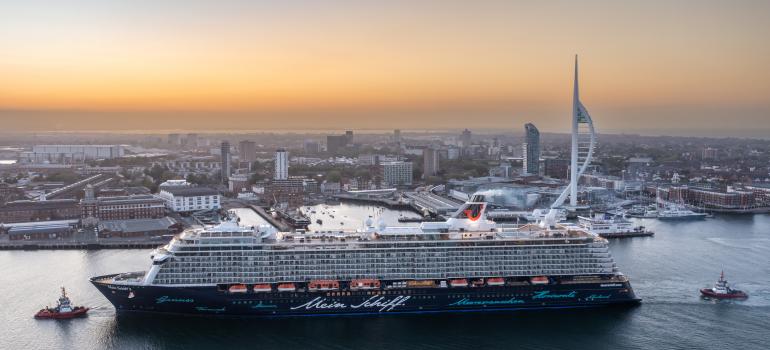TUI cruise vessel becomes largest ship ever to sail into Portsmouth harbour  (Image at LateCruiseNews.com - May 2023)